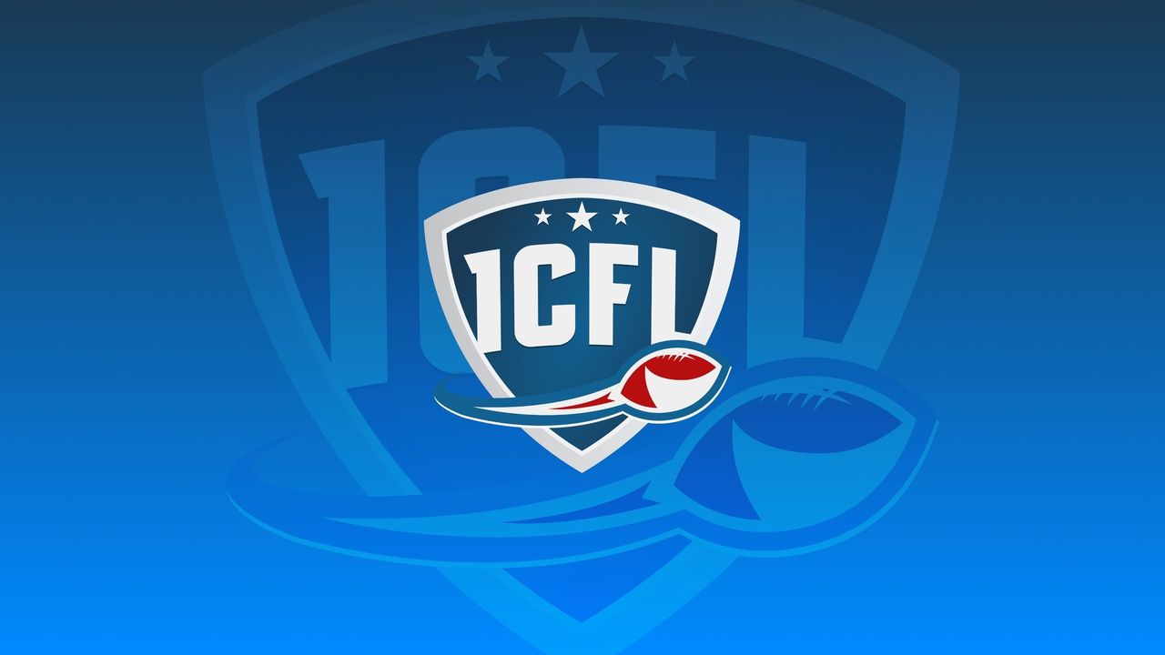 ICFL football league logo on blue shield background with football icon.