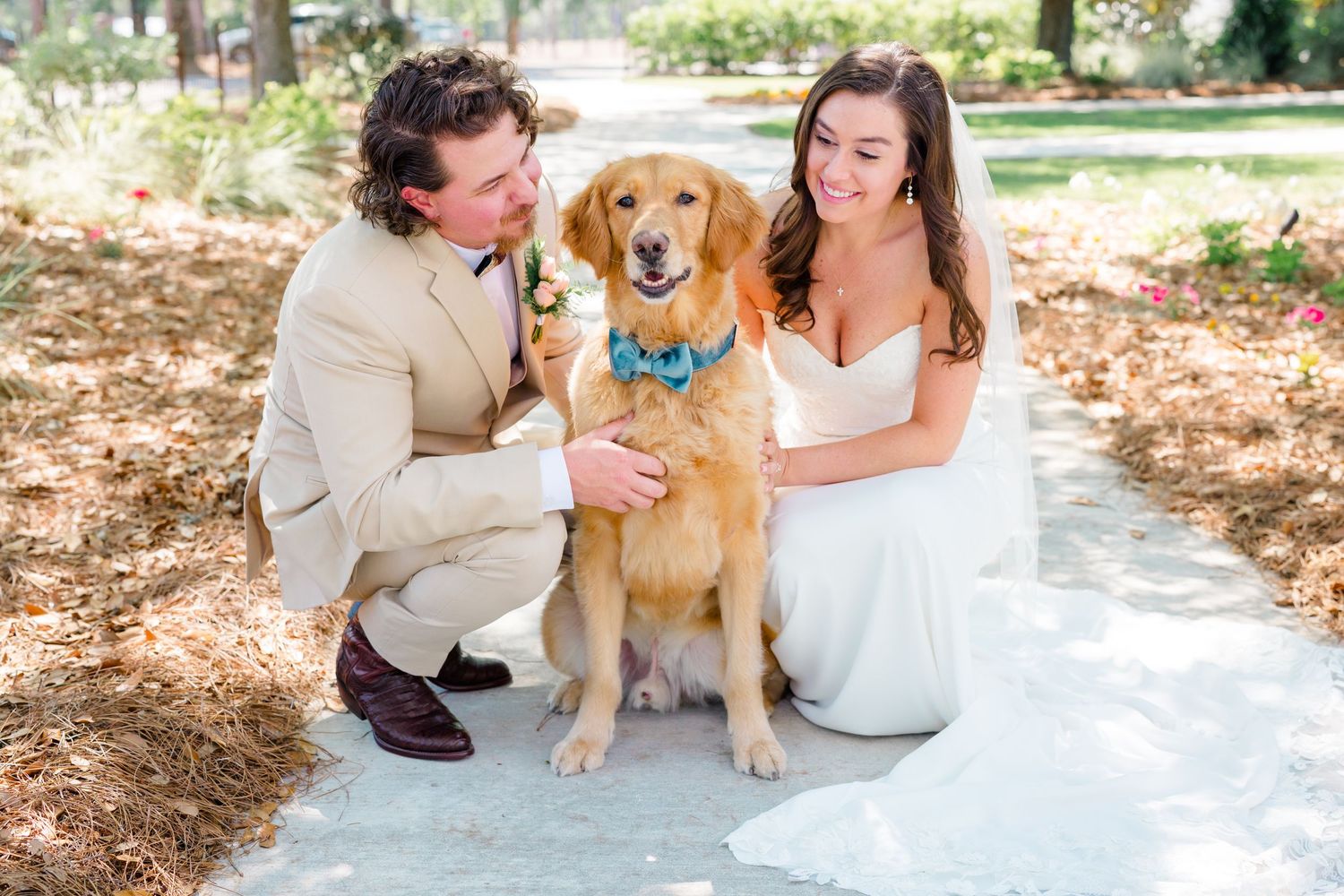 A Golden Retriever wearing a blue bowtie poses with a couple in formal attire outdoors in a park setting.