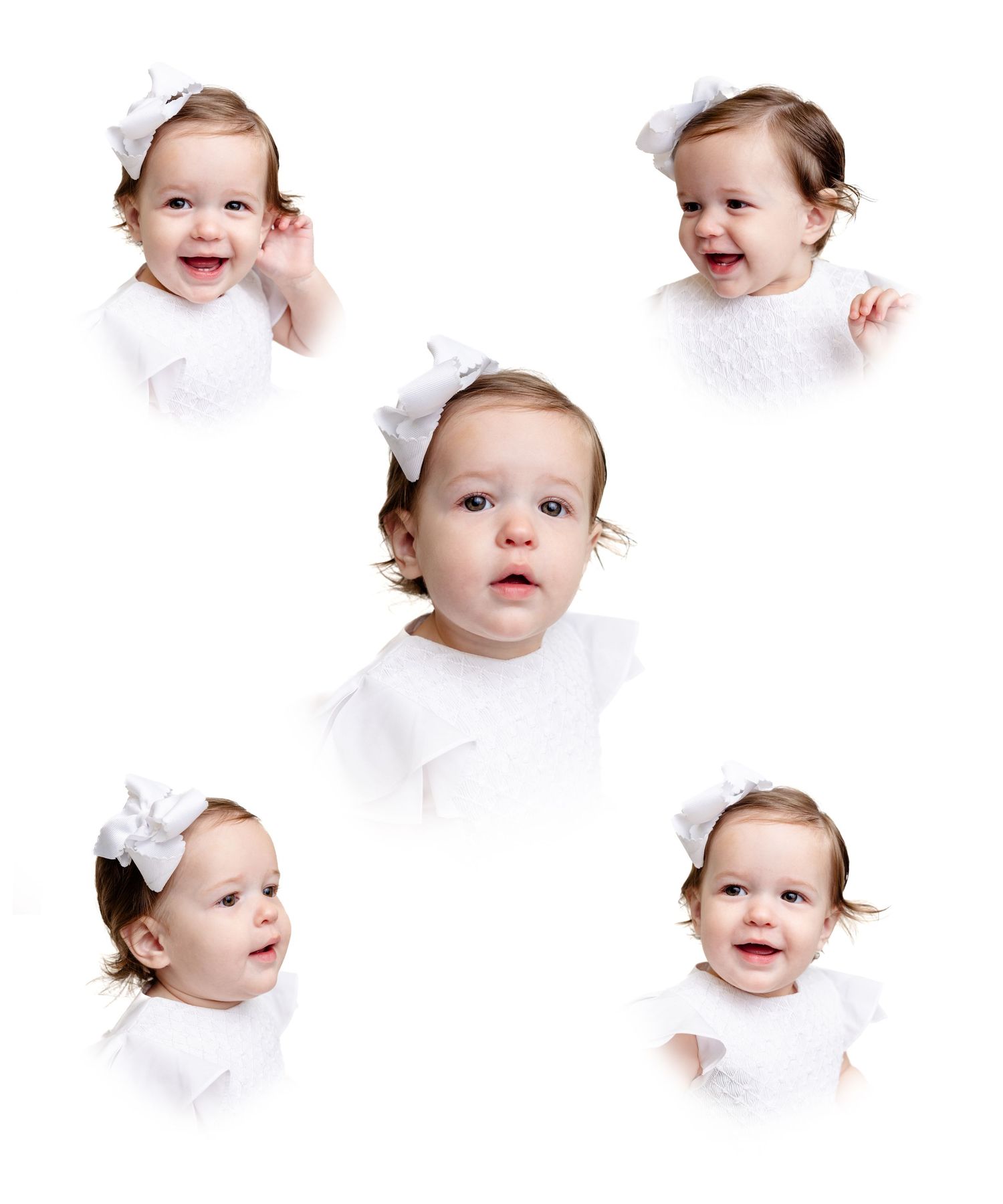 Multiple expressions of a baby in white clothing arranged in a collage pattern.
