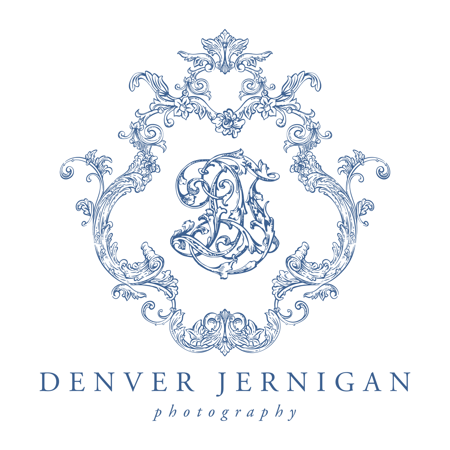 Ornate blue decorative logo design for Denver Jernigan Photography with flourishes and scrollwork.