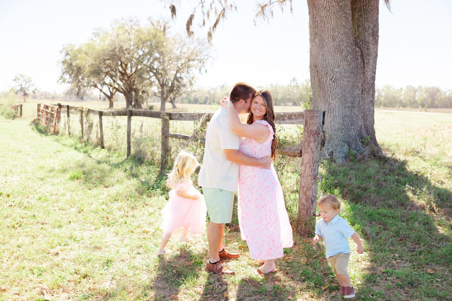 Series of outdoor family portraits taken in a rustic field setting with trees.