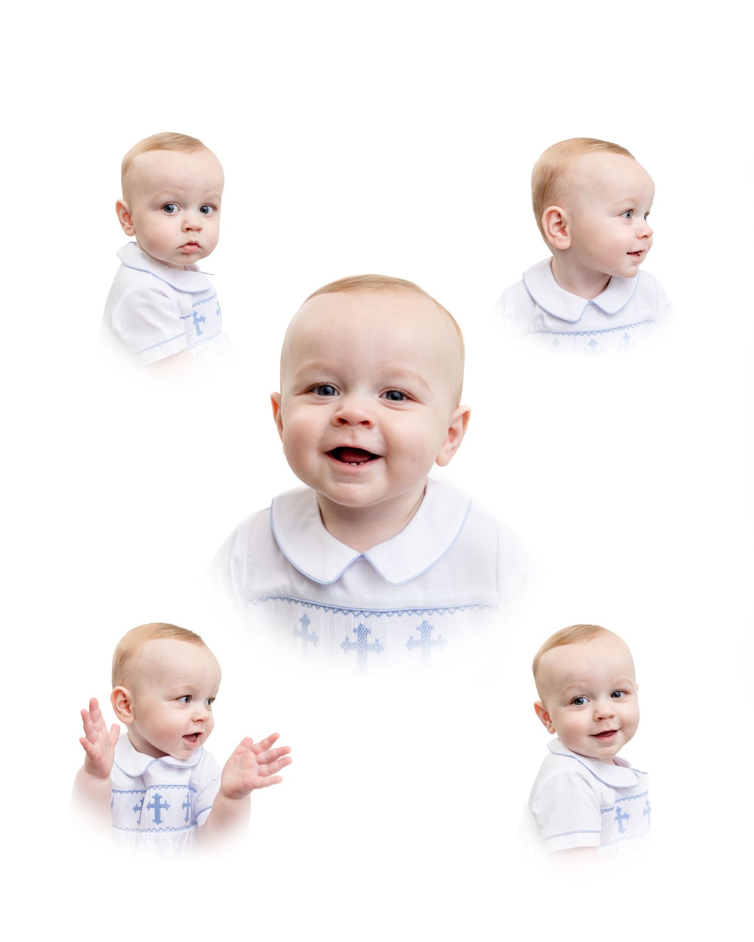Collection of baby portraits in white collar outfit against white background.