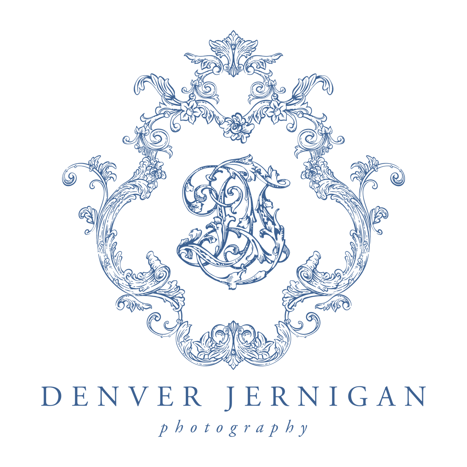 Elegant blue ornate decorative logo design for Denver Jernigan Photography with flourishes and scrollwork.