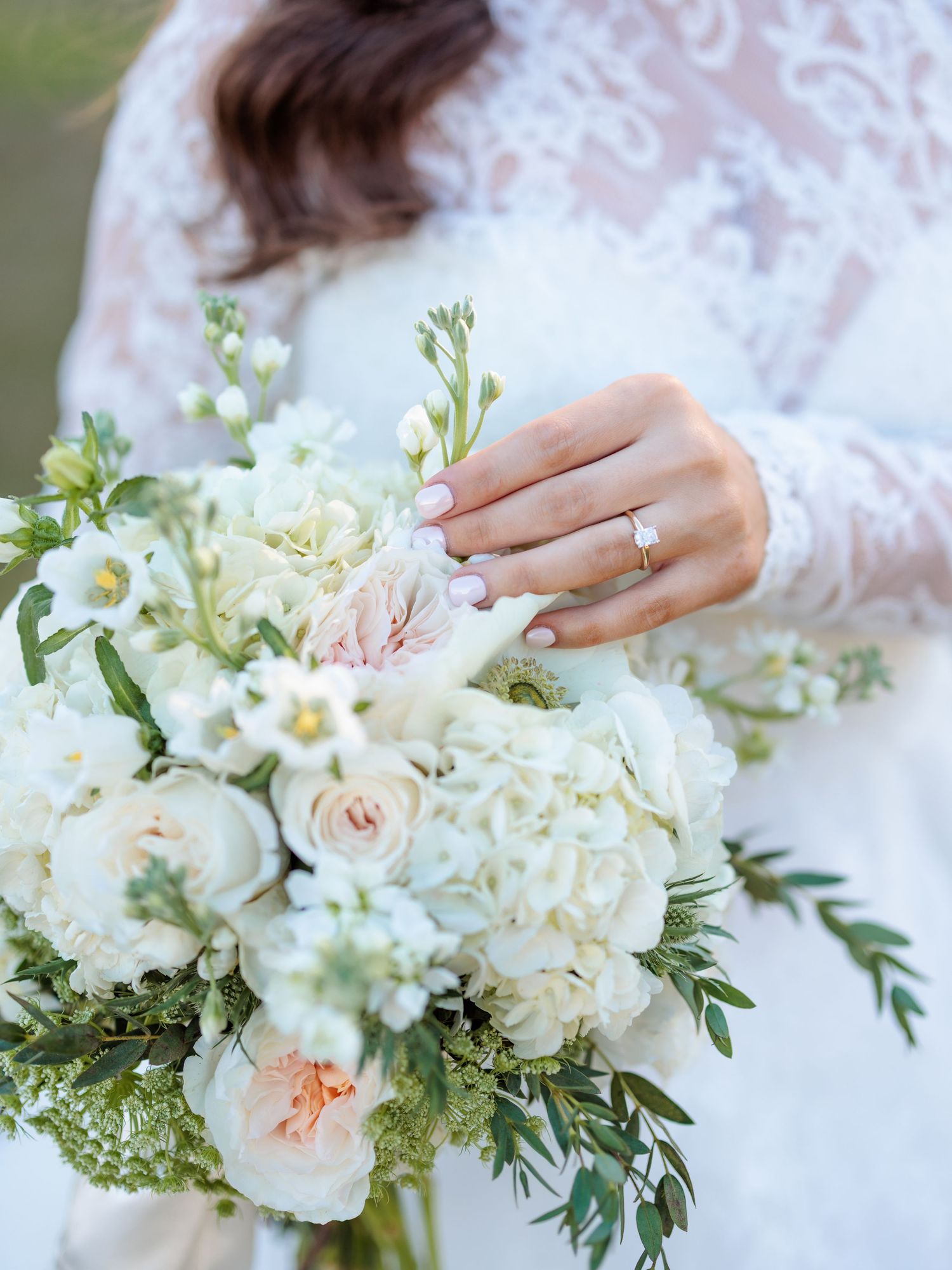 Delicate white and blush wedding bouquet with roses, greenery and lace details showcased in multiple detail shots.