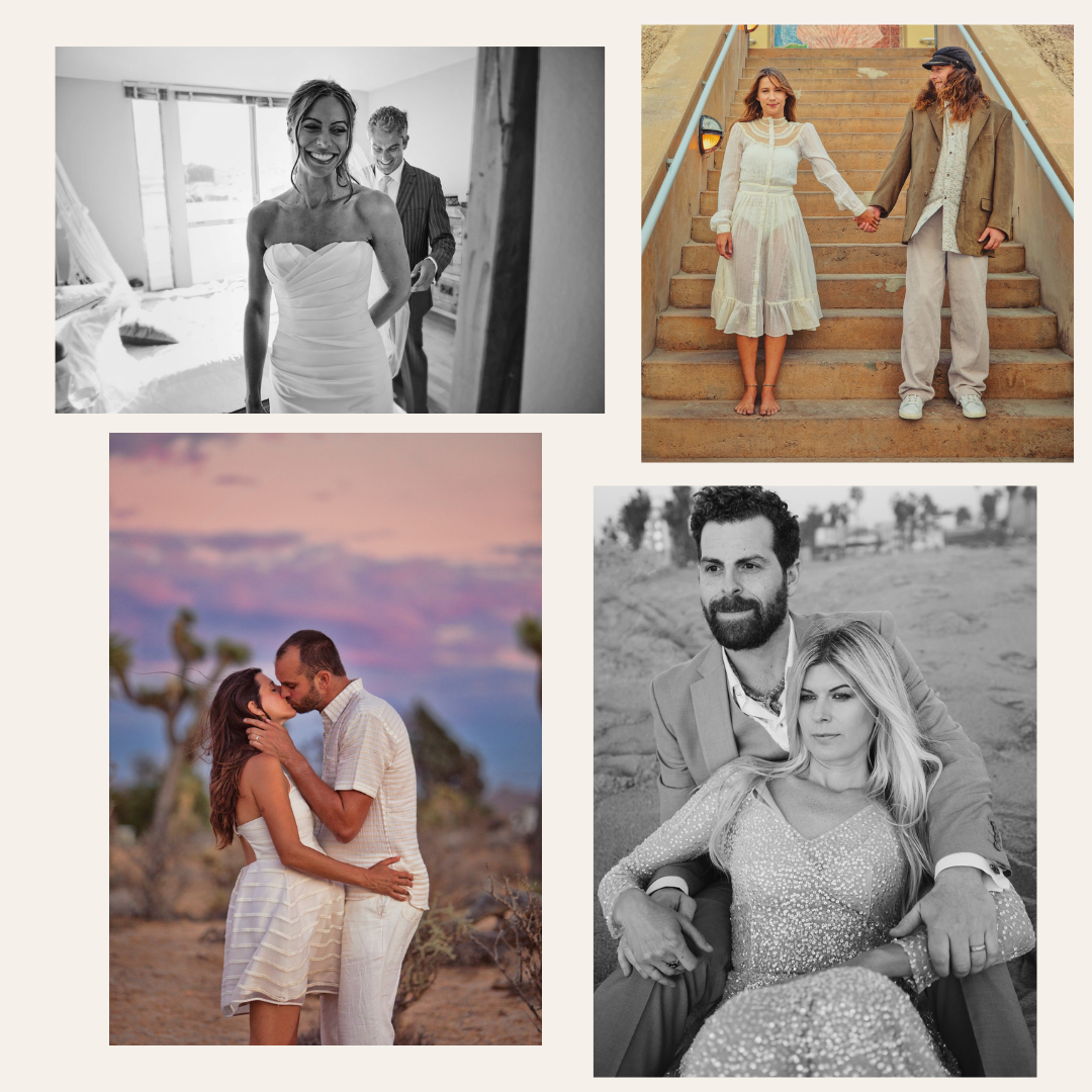 Romantic couple wedding and engagement photo collage featuring outdoor desert, beach, and indoor bridal portraits.