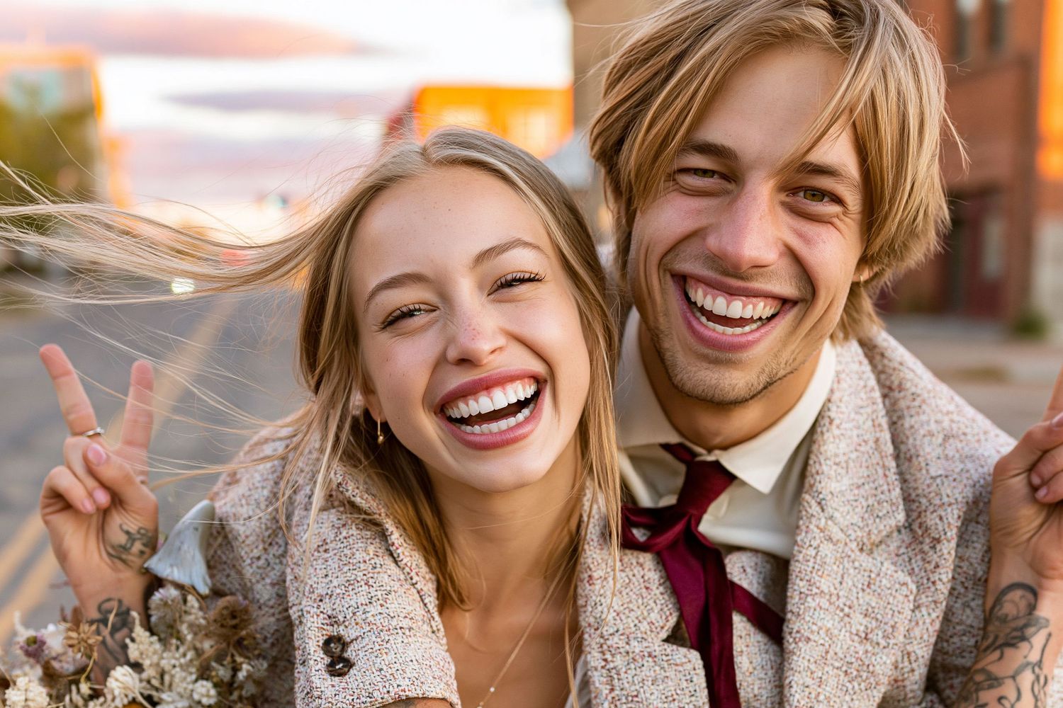 Happy couple laughing outdoors, bride holding flowers and making peace sign, groom in tie, urban sunset backdrop.