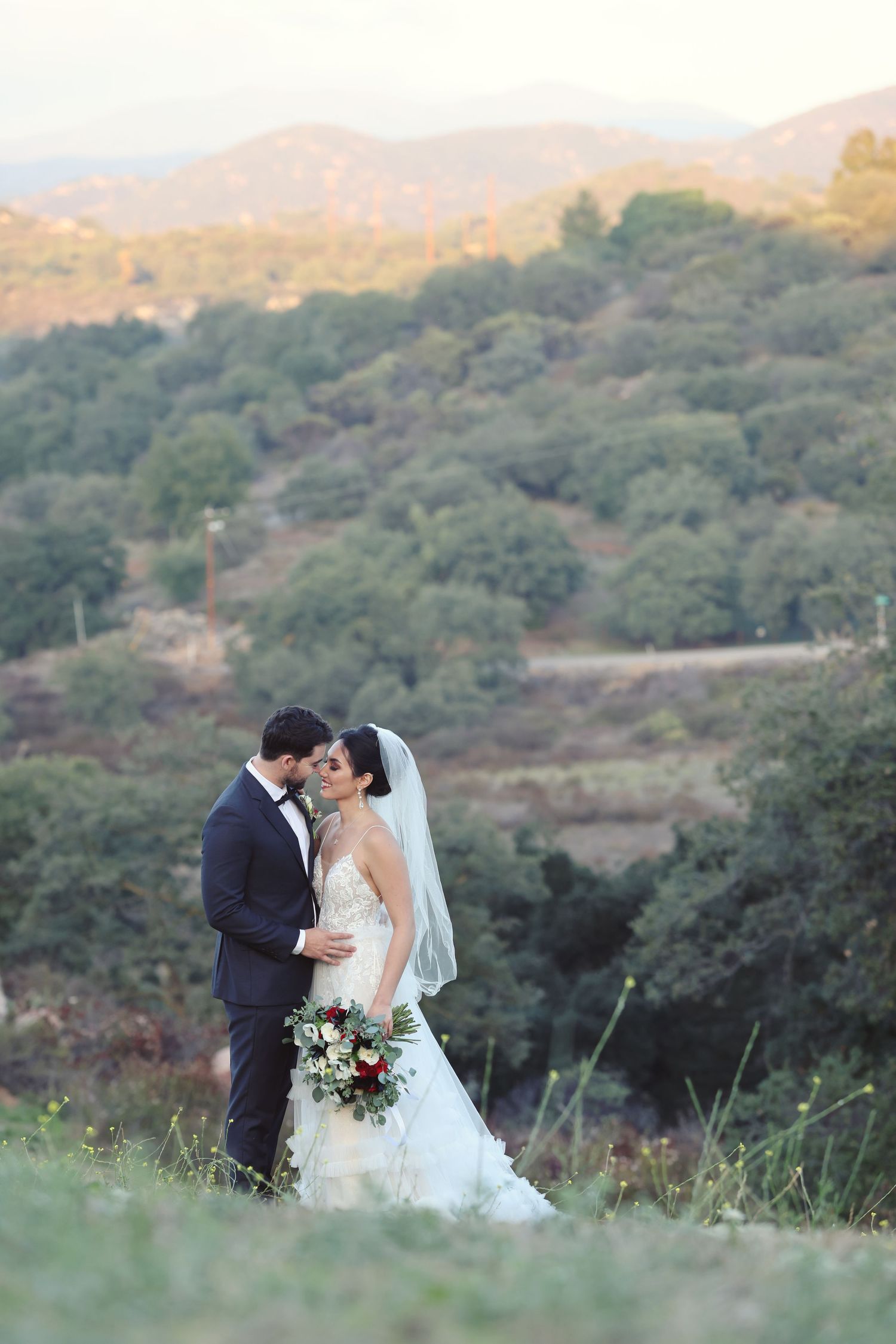 Bride and groom share a romantic kiss on a hillside with lush green trees and mountains at golden hour.