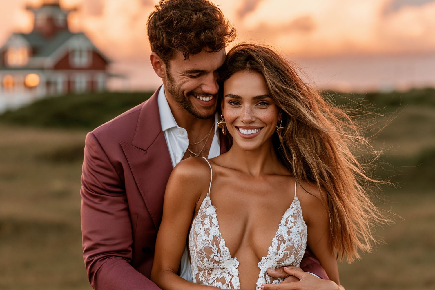 A smiling couple in wedding attire embraces at sunset near a coastal building, the bride in lace gown and groom in rose suit.