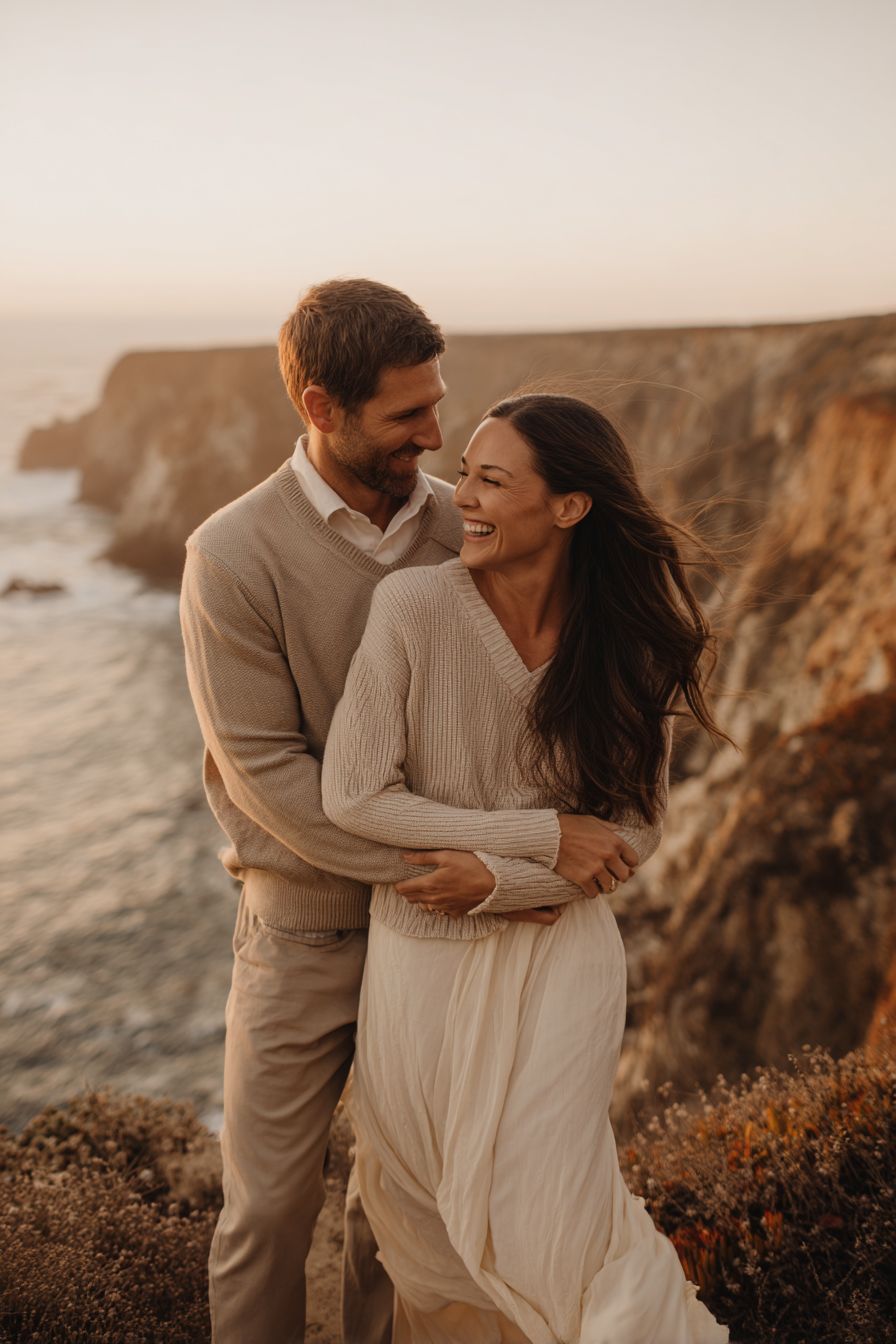 Couple embracing and smiling at golden hour on coastal cliffs, wearing neutral tones with ocean waves in the background.