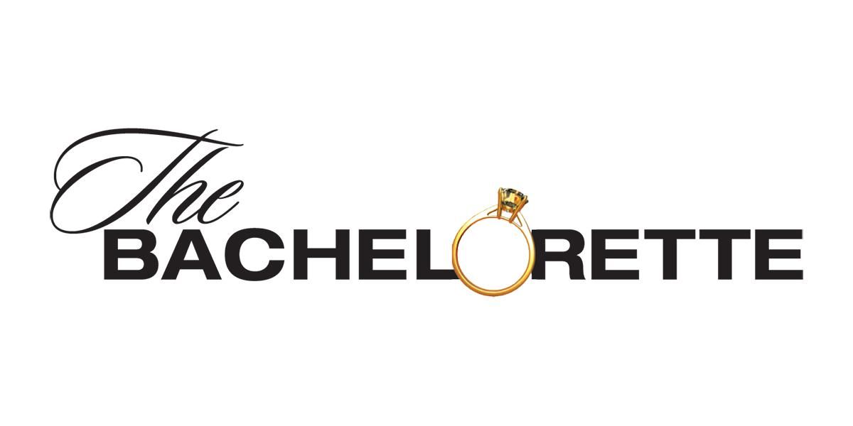 The Bachelorette logo featuring bold black text with a gold diamond engagement ring replacing the letter O.