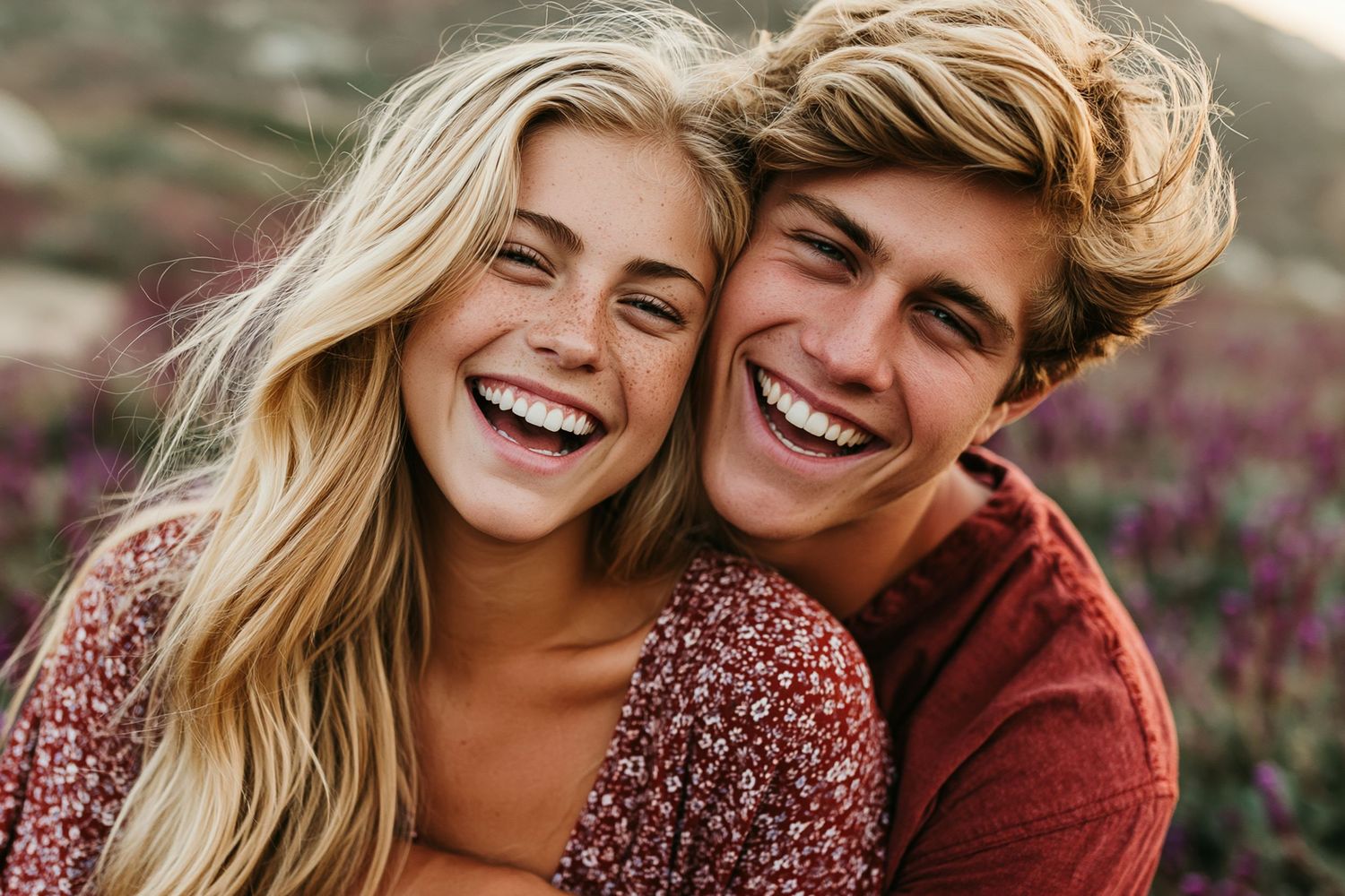 A smiling young couple with blonde hair embracing outdoors among purple wildflowers on a sunny day.