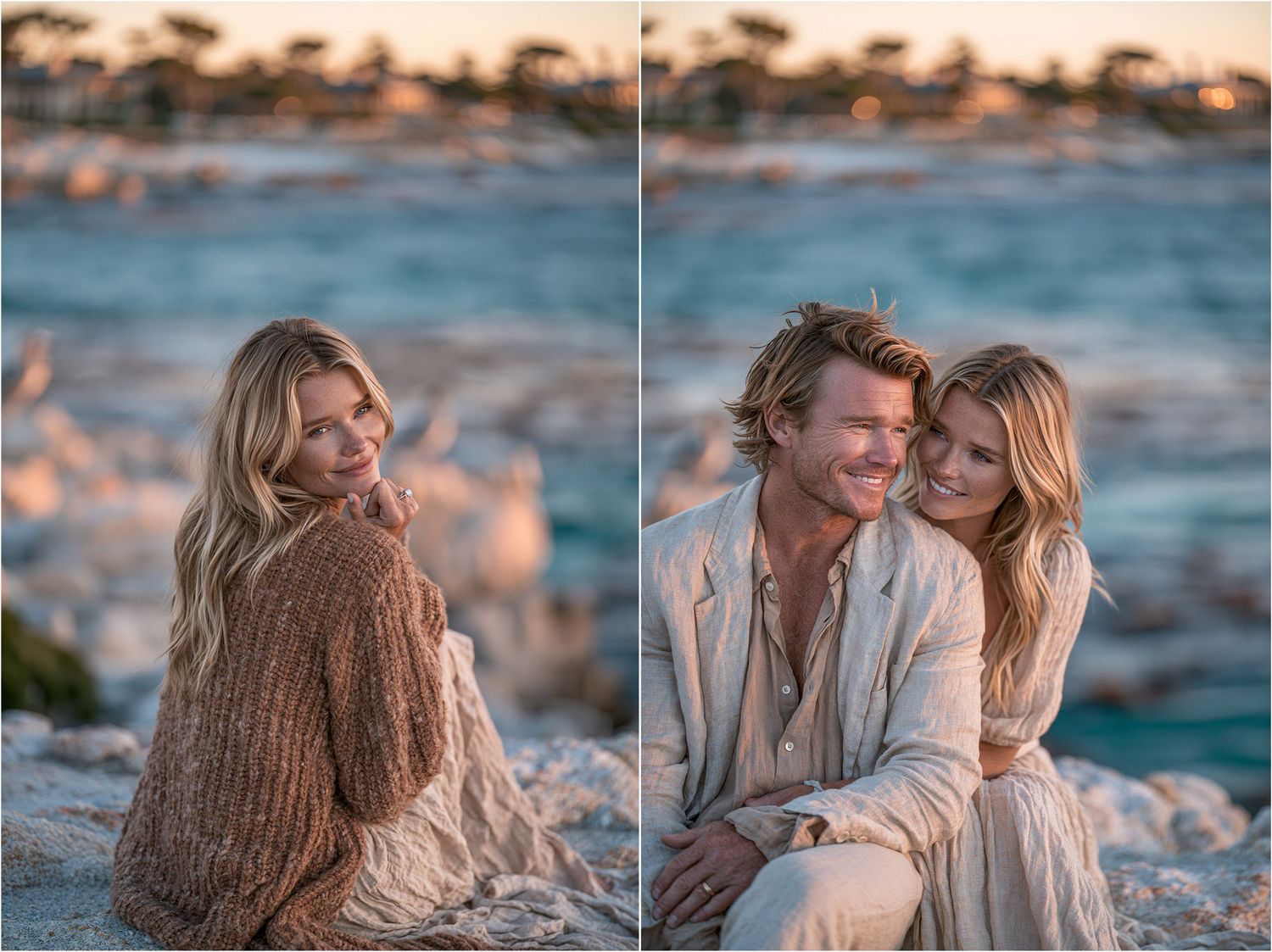 Couple sitting together on rocky coastal shore at golden hour, woman in brown knit sweater and man in cream linen outfit.