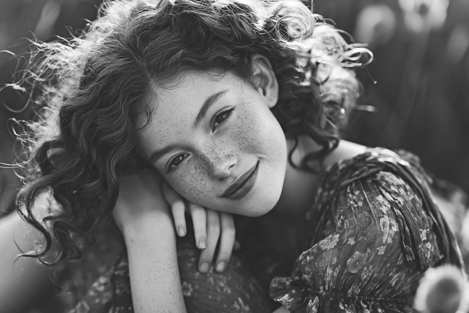 Black and white portrait of a young woman with curly hair and freckles, resting her face on her hands.