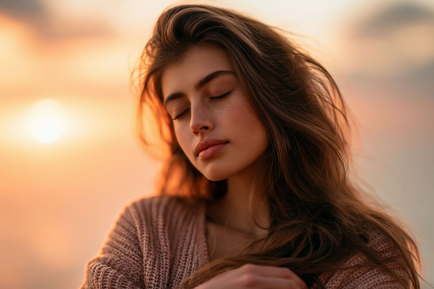 Young woman with eyes closed in peaceful pose, wearing knit sweater against golden sunset sky backdrop.