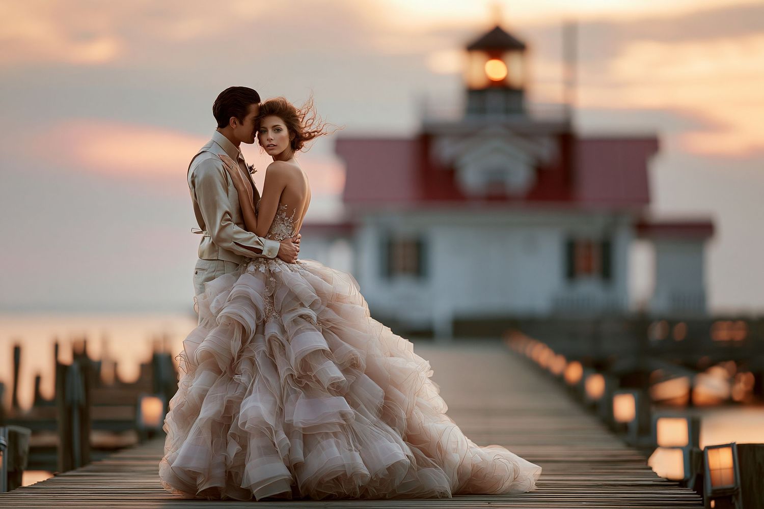 Couple embracing in wedding attire on a pier at sunset with a lighthouse in the background.