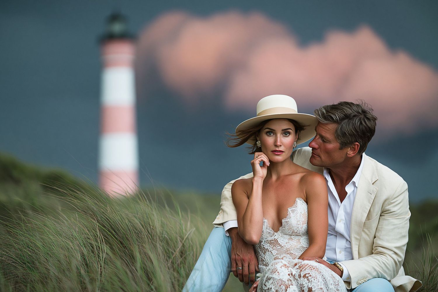 Couple sitting together near a striped lighthouse surrounded by tall grass under a dramatic cloudy sky.