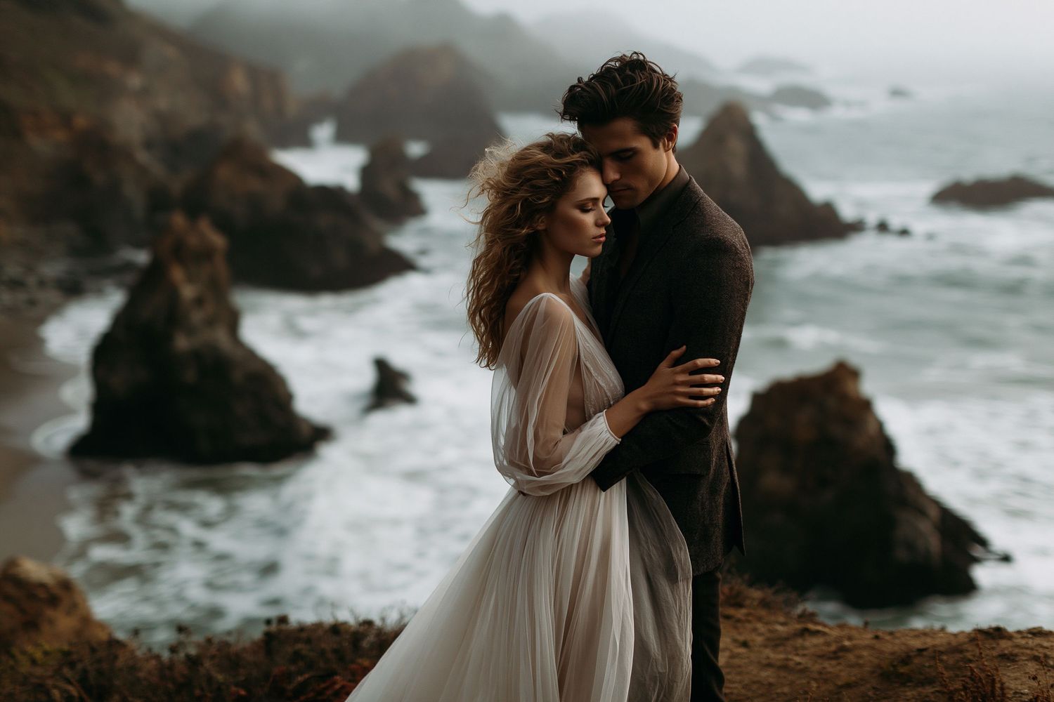 Couple embracing on rocky coastal cliffs with misty ocean waves, bride in sheer gown, groom in dark suit.