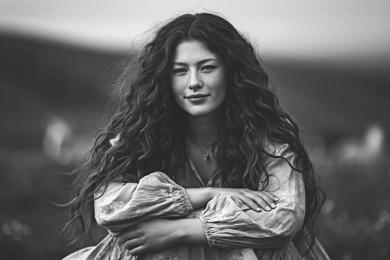 Black and white portrait of a young woman with long curly hair, arms crossed, posing outdoors in a rural setting.