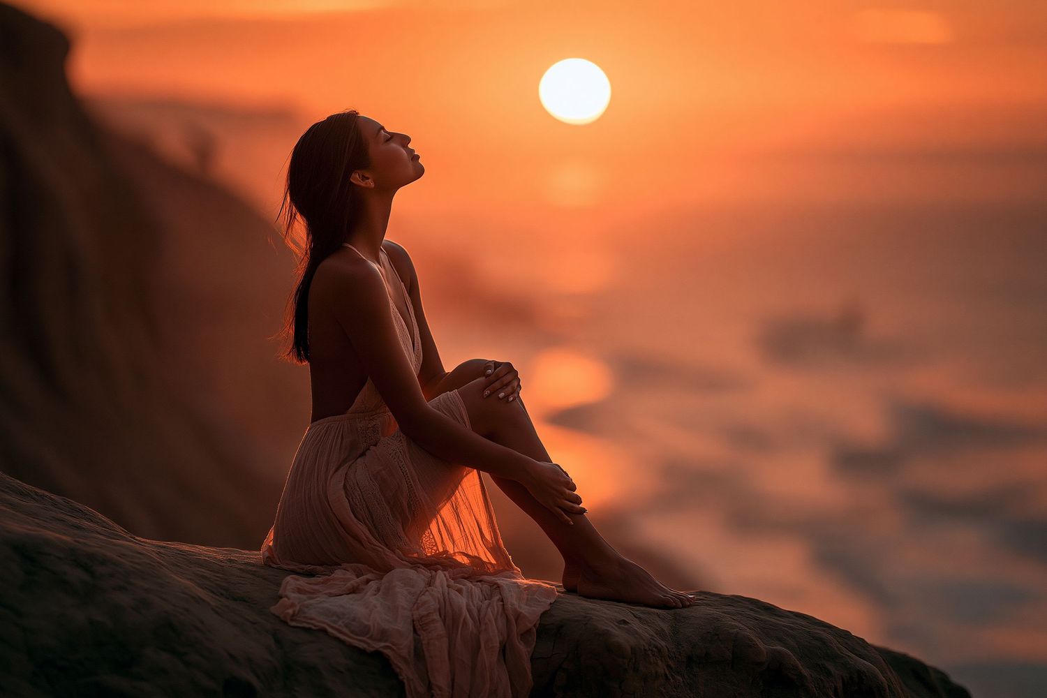 Woman sitting on coastal rocks with head tilted back, bathed in warm golden sunset light over the ocean.