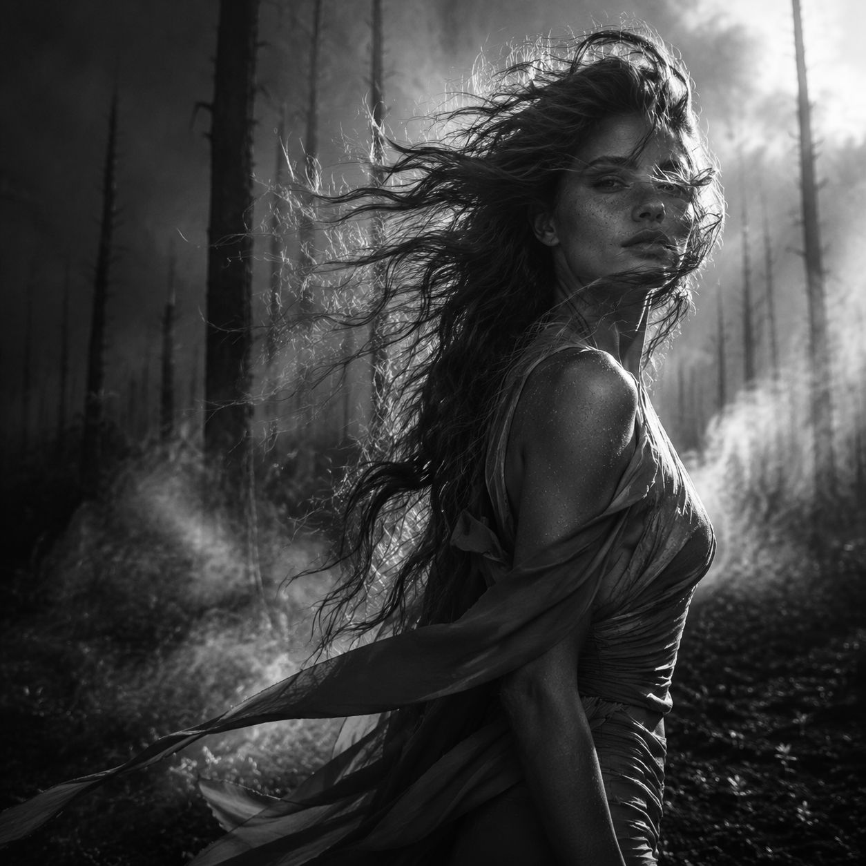 Dramatic black and white photo of a woman with flowing hair in a misty dark forest.