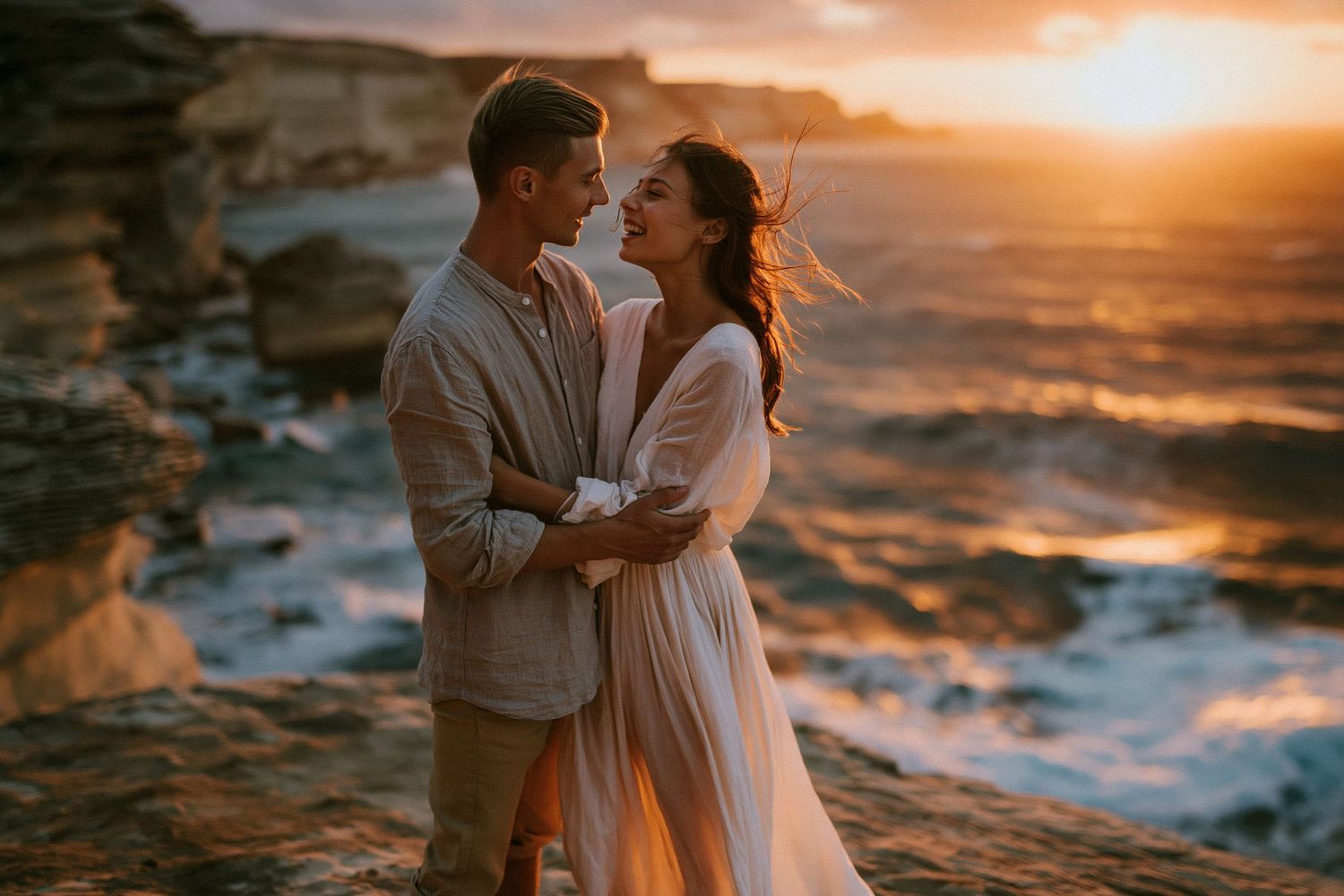 Couple embracing at sunset on rocky coastal cliffs with ocean waves, golden hour romantic engagement photo.