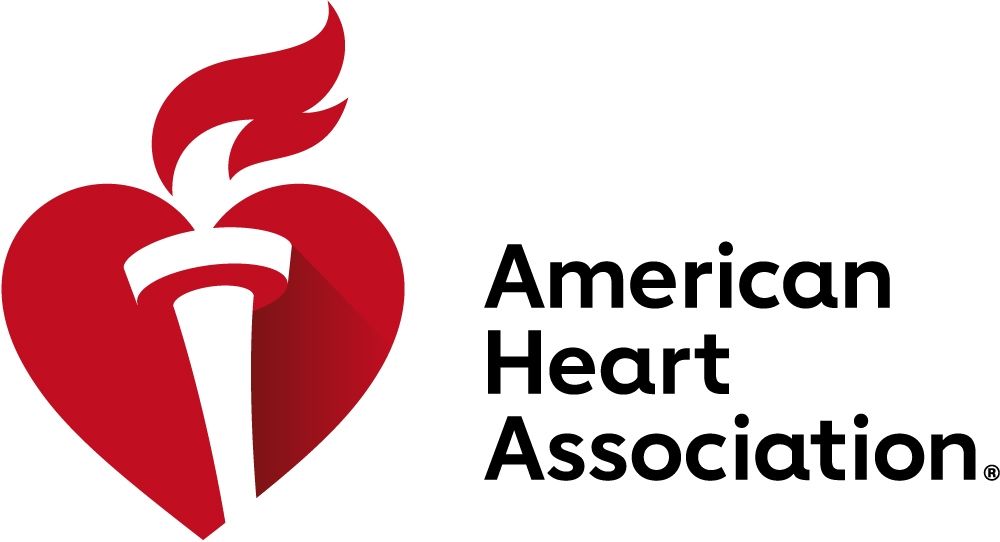 American Heart Association logo featuring a red heart with a torch flame and bold black text on a white background.
