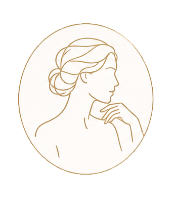 Golden line art illustration of an elegant woman in profile with updo hairstyle inside an oval frame.