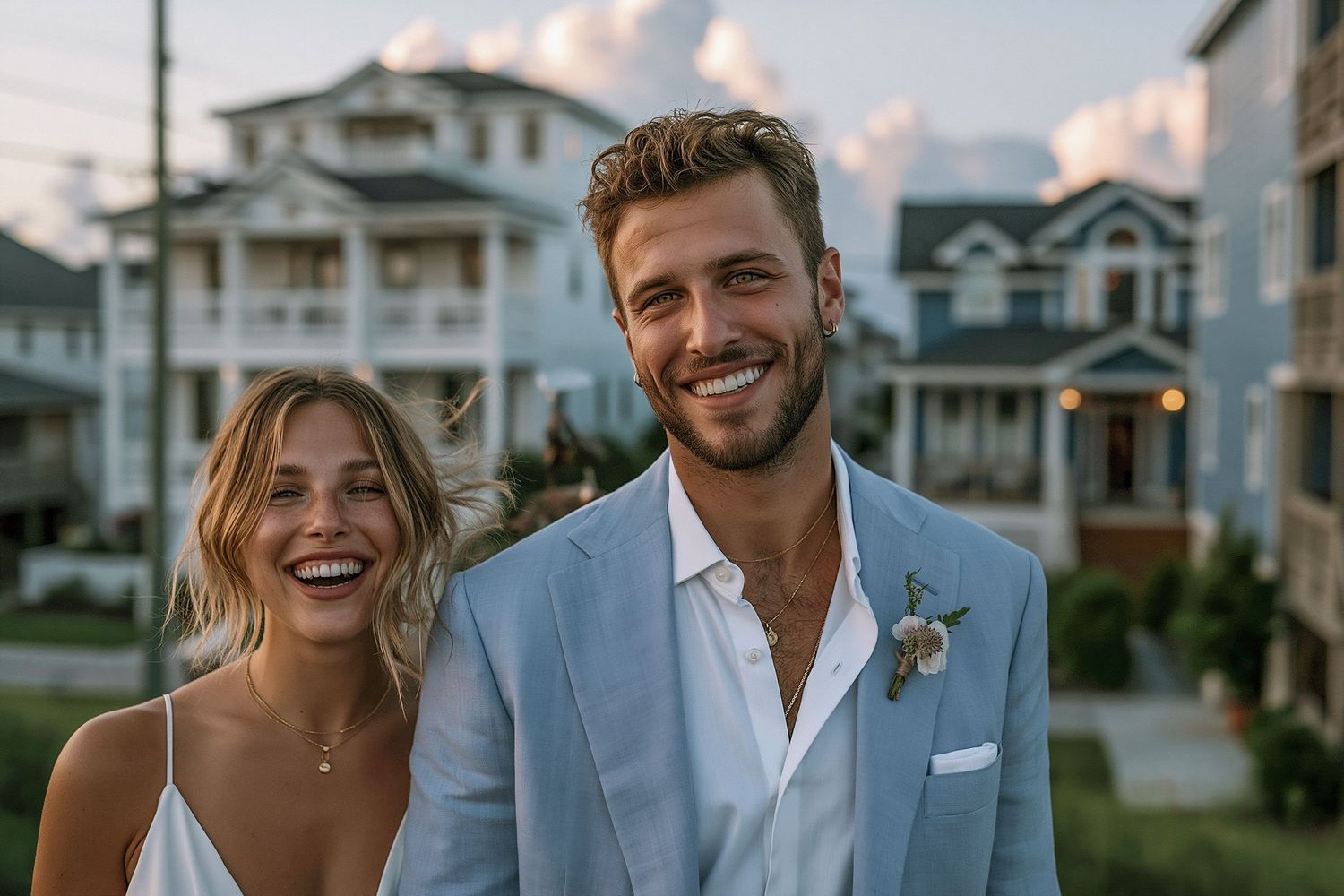 Smiling couple in wedding attire standing outdoors in front of coastal houses at dusk.