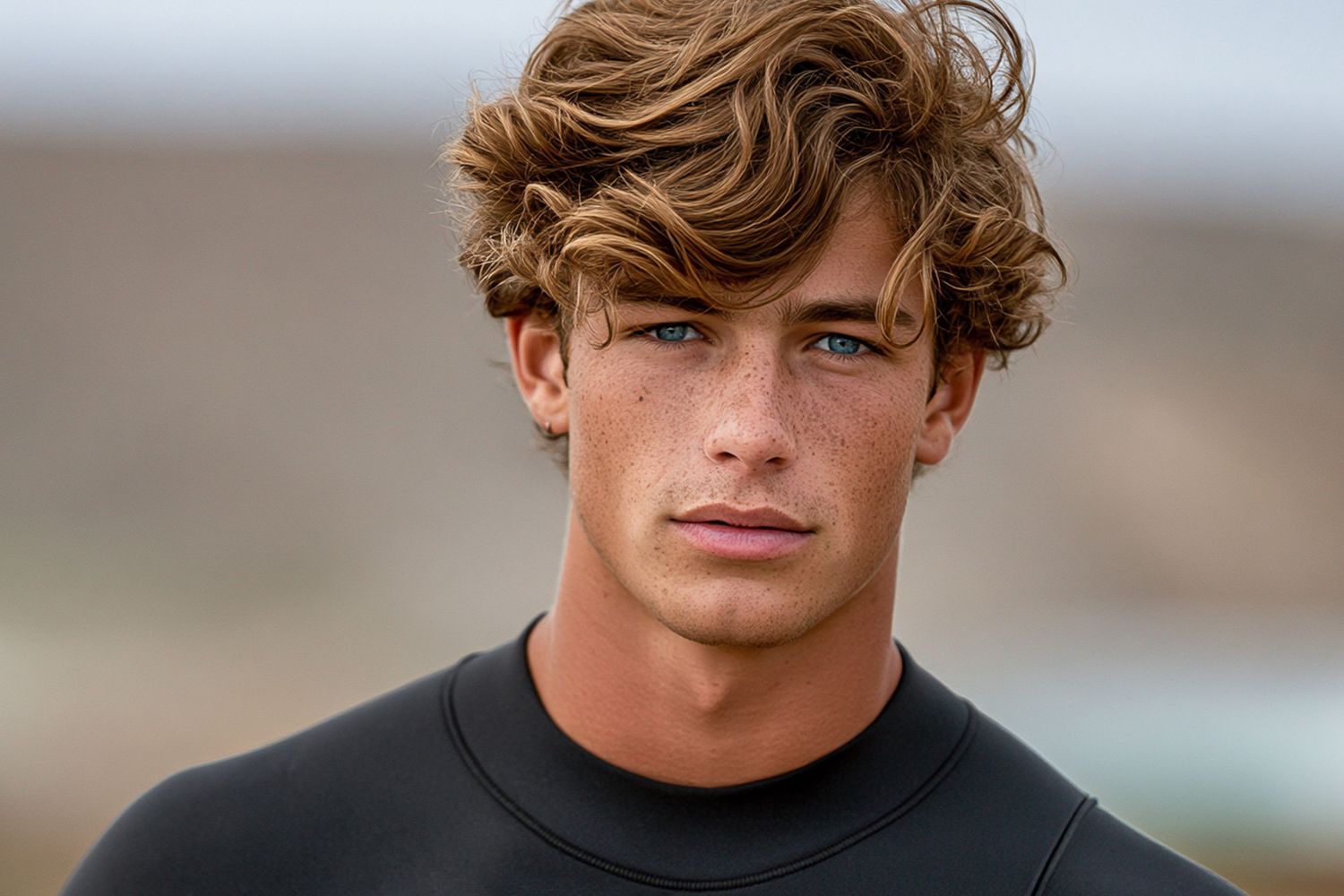 Young male surfer with wavy brown hair and blue eyes wearing a black wetsuit near the ocean.