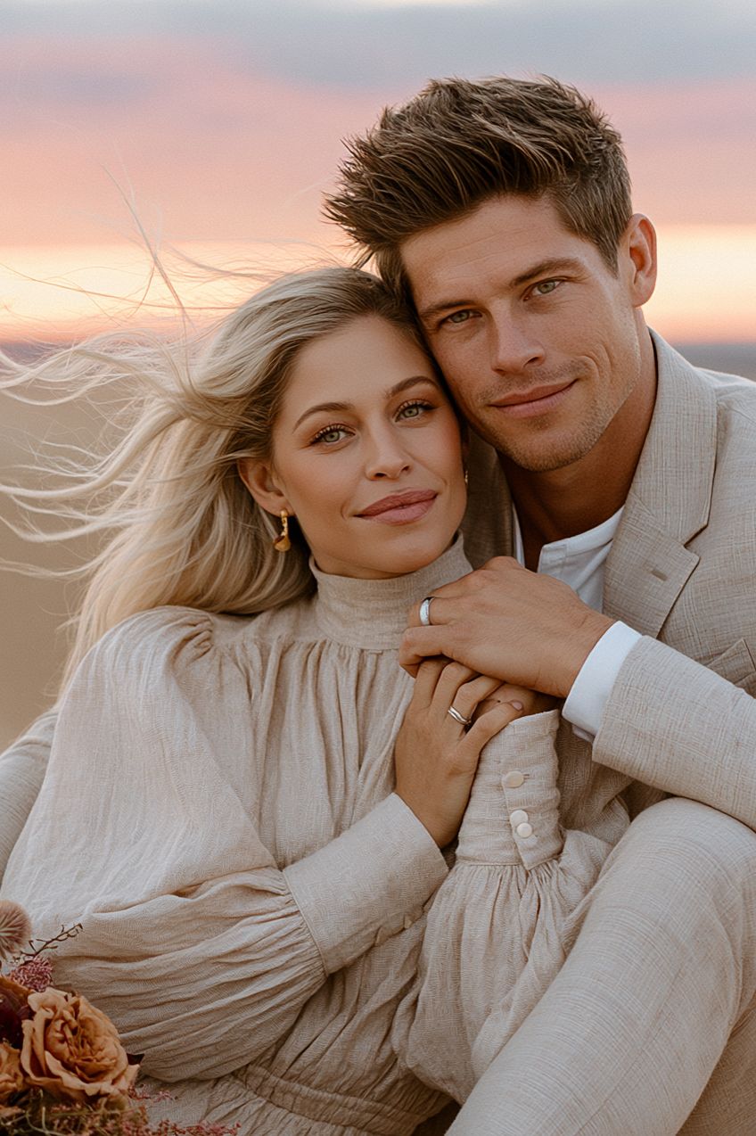 Romantic couple in beige outfits embracing at sunset on a beach, woman with blonde hair leaning on man's shoulder.