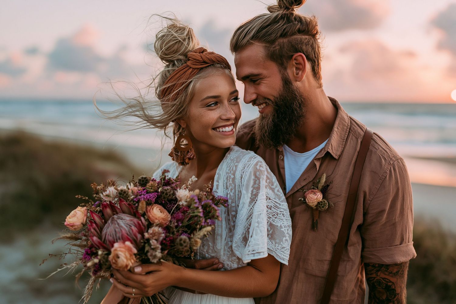 Bohemian couple embracing on beach at sunset, woman holding wildflower bouquet, man with beard, romantic outdoor wedding.