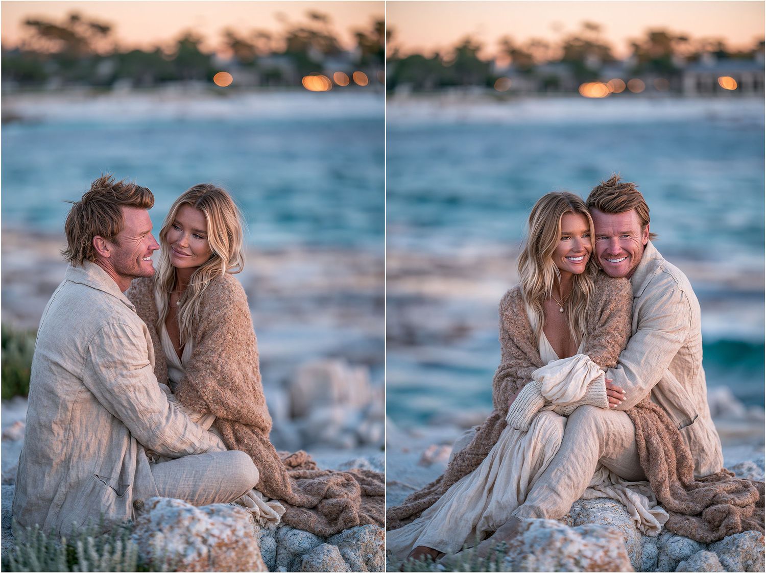 Couple in cozy cream sweaters sitting on rocky shore at sunset, sharing a warm embrace by turquoise water.