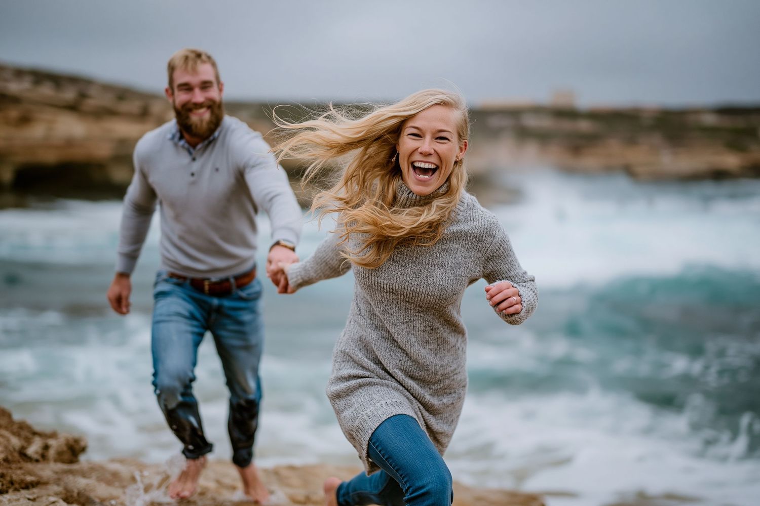 A joyful couple runs along rocky coastal cliffs, woman laughing with windswept hair, waves crashing behind them.