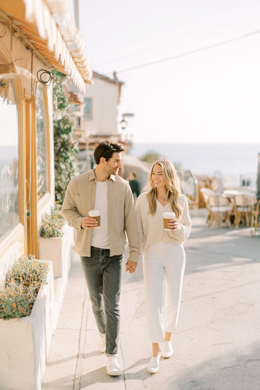 Couple walking hand-in-hand on a sunny street, holding coffee cups, dressed in casual neutral tones near a coastal cafe.