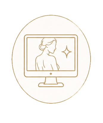 Gold line art icon of a woman on a computer monitor inside an oval frame, elegant beauty concept.