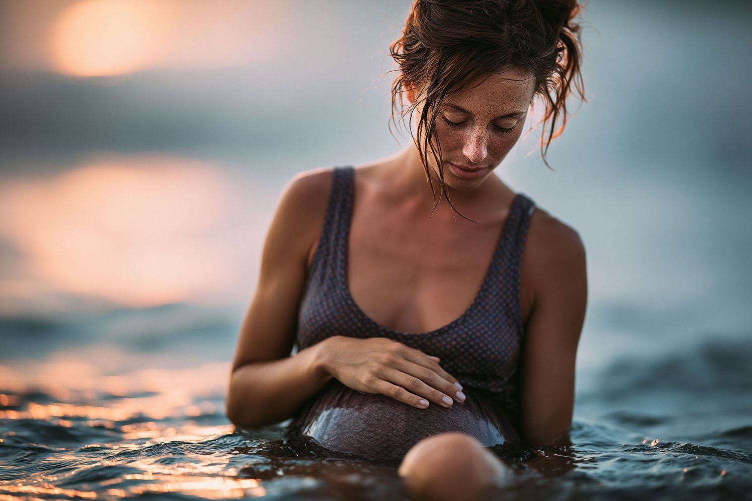 Pregnant woman in gray swimsuit sitting in calm ocean water at sunset, cradling her baby bump.