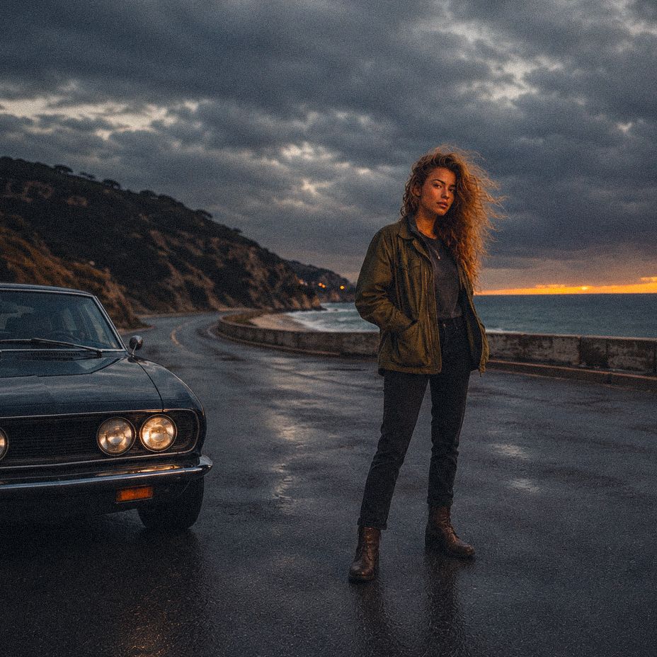 A woman with curly hair stands beside a classic muscle car on a coastal road at dramatic sunset with stormy skies.