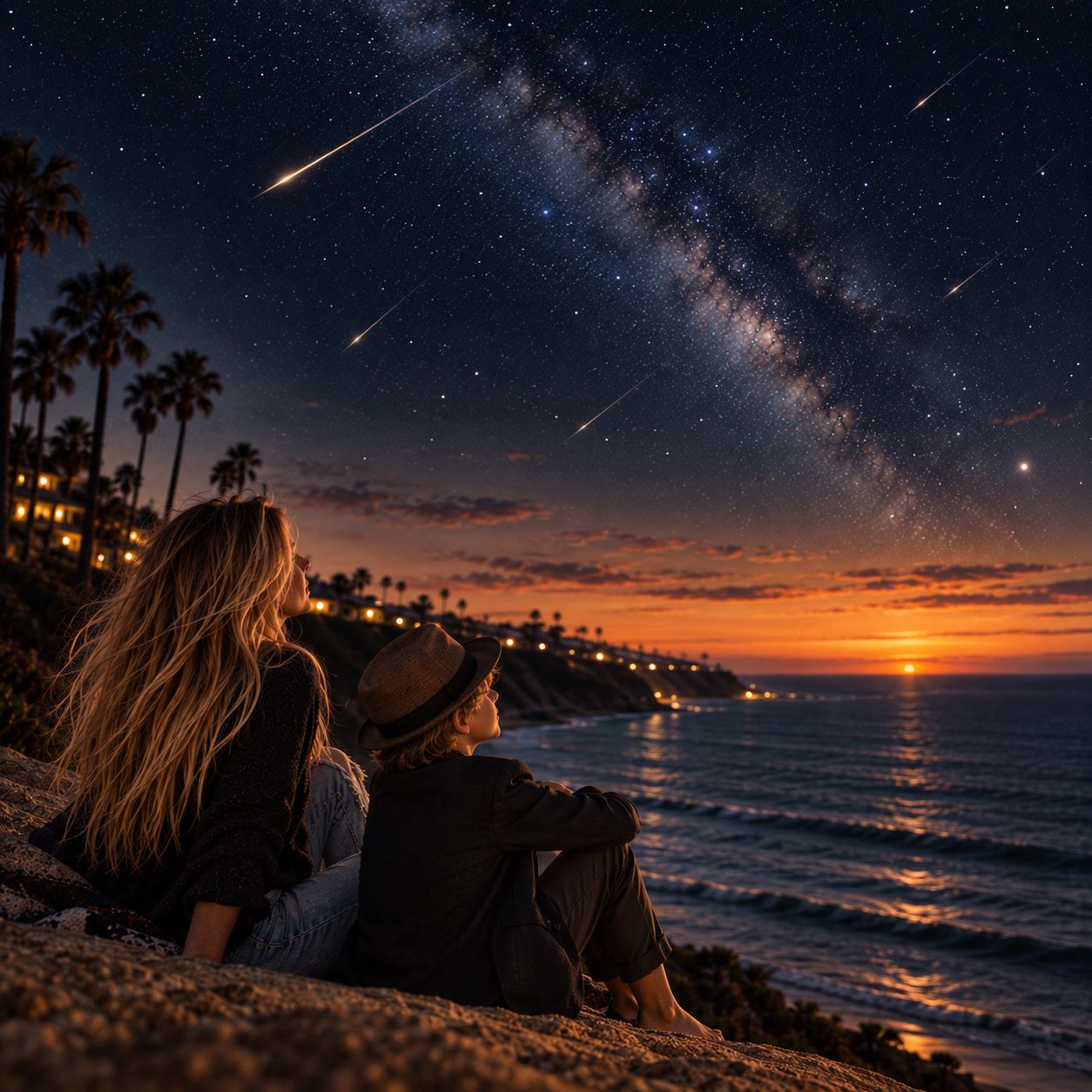 Couple sitting on a beach cliff watching a breathtaking Milky Way and shooting stars at sunset.