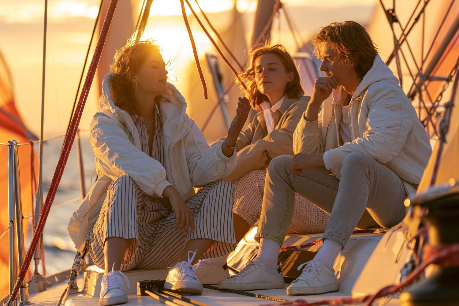 Three friends relaxing on a sailboat deck at golden sunset, wearing casual white outfits while enjoying conversation.
