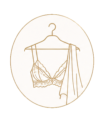 Gold line art illustration of a lace bralette on a hanger with a draped fabric, inside a circular frame.