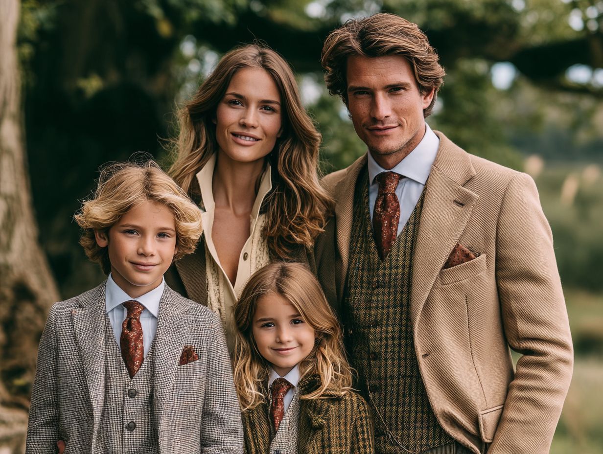 Elegant family of four in tweed and beige suits posing outdoors among lush green trees.
