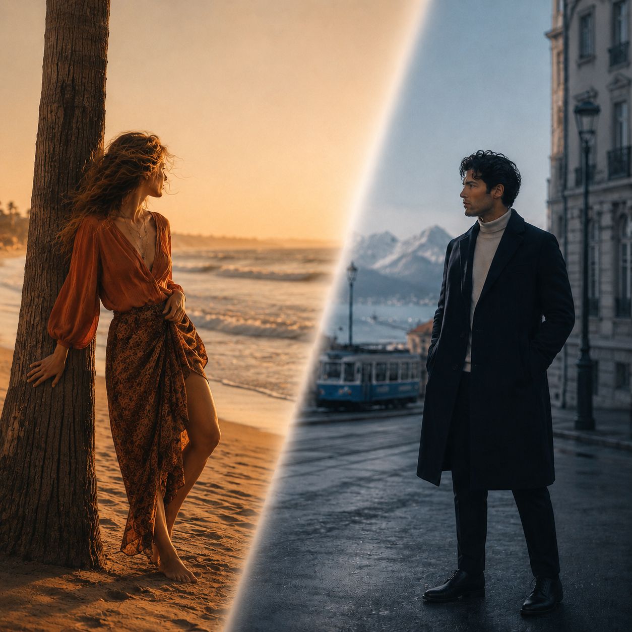 Split image showing a woman on a sunny beach and a man on a snowy city street in contrasting scenes.