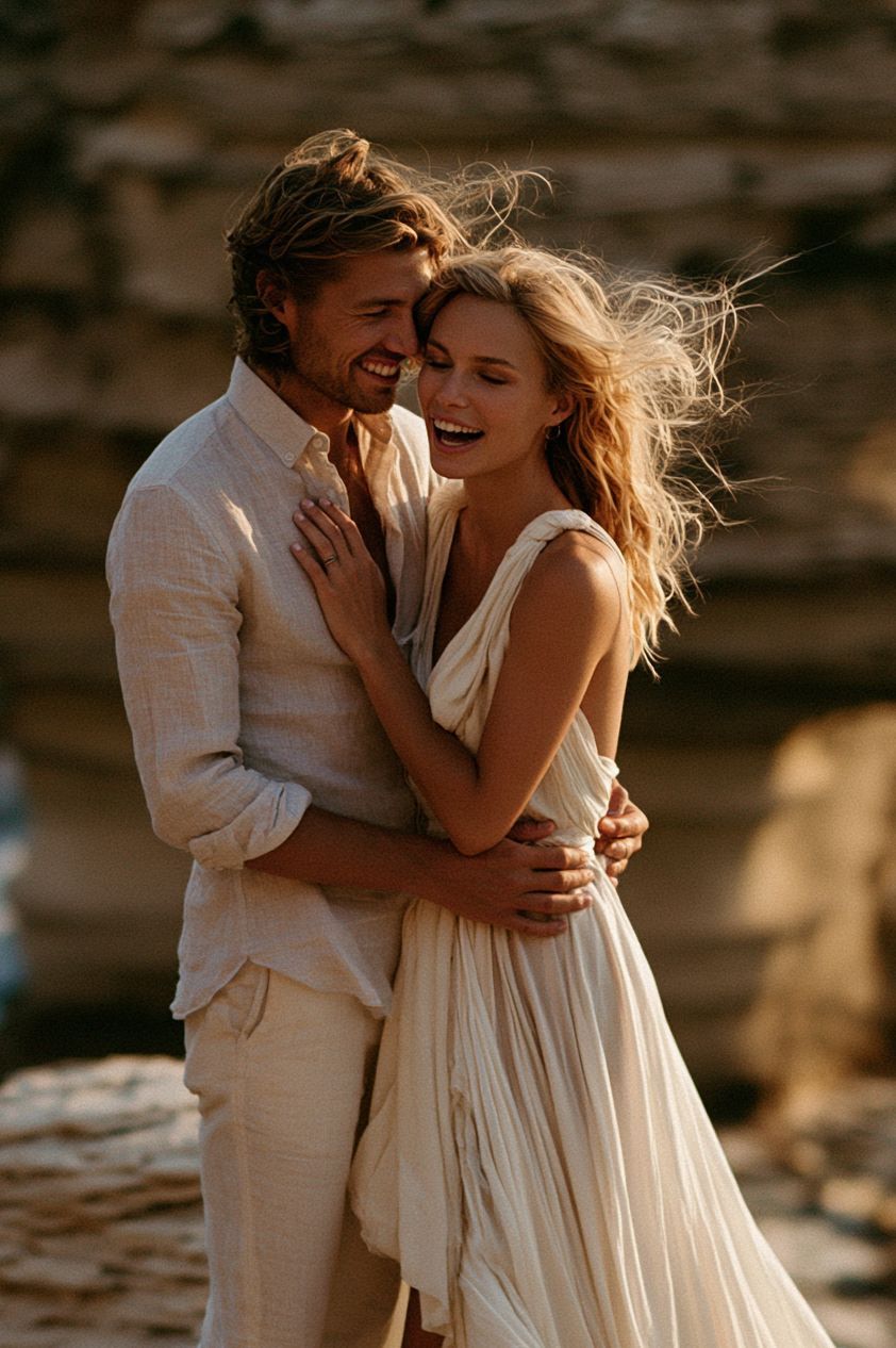A joyful couple embraces outdoors, wearing cream linen outfits, with windswept hair and warm golden sunlight.