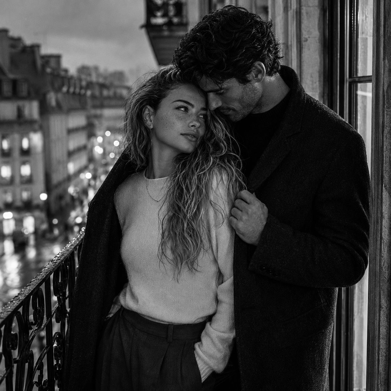 Black and white photo of a romantic couple embracing on a Parisian balcony at night.