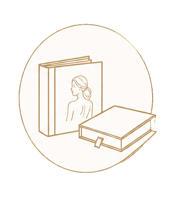 Elegant gold line art illustration of a wedding photo album and keepsake box with a bride portrait cover.