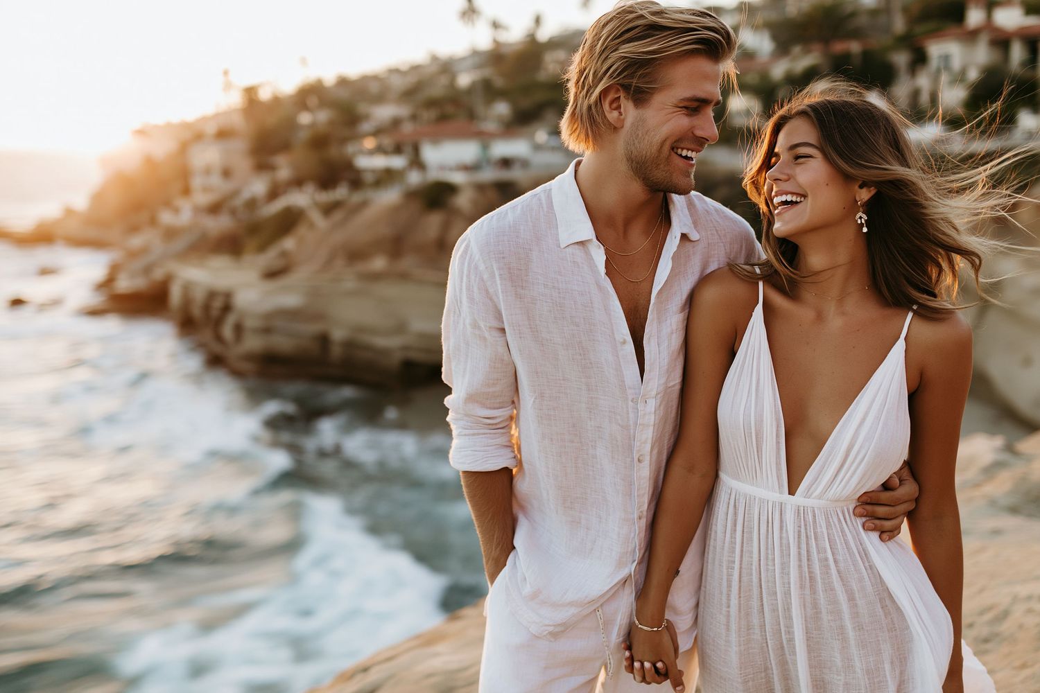 A smiling couple in white outfits walks along a rocky coastal cliff at golden hour sunset.