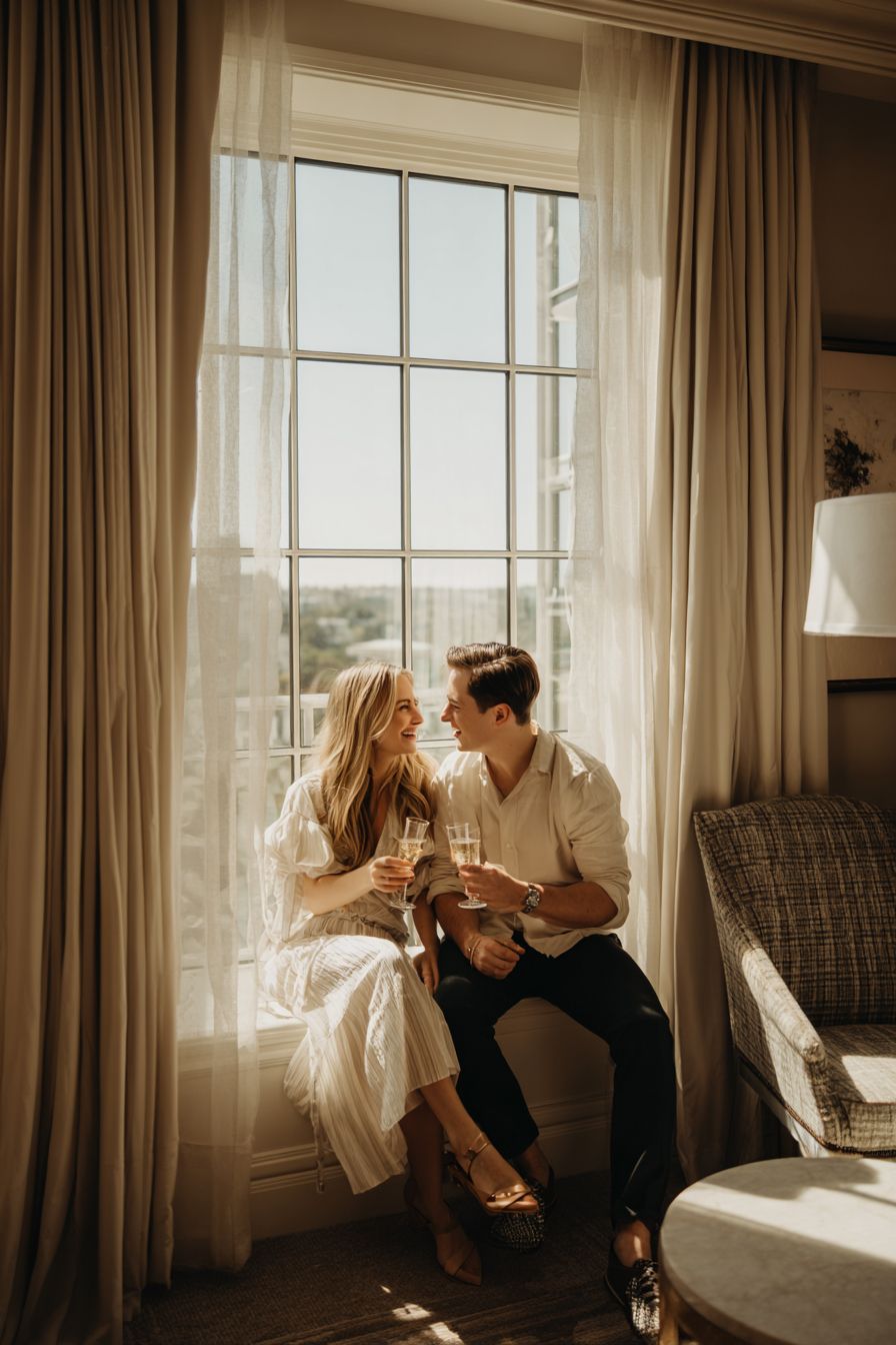 Couple sitting by a sunlit window toasting with champagne glasses in an elegant hotel room.
