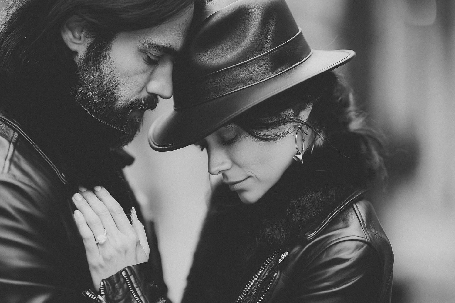 Black and white photo of a romantic couple in leather jackets, man with beard leaning close to woman wearing a fedora hat.