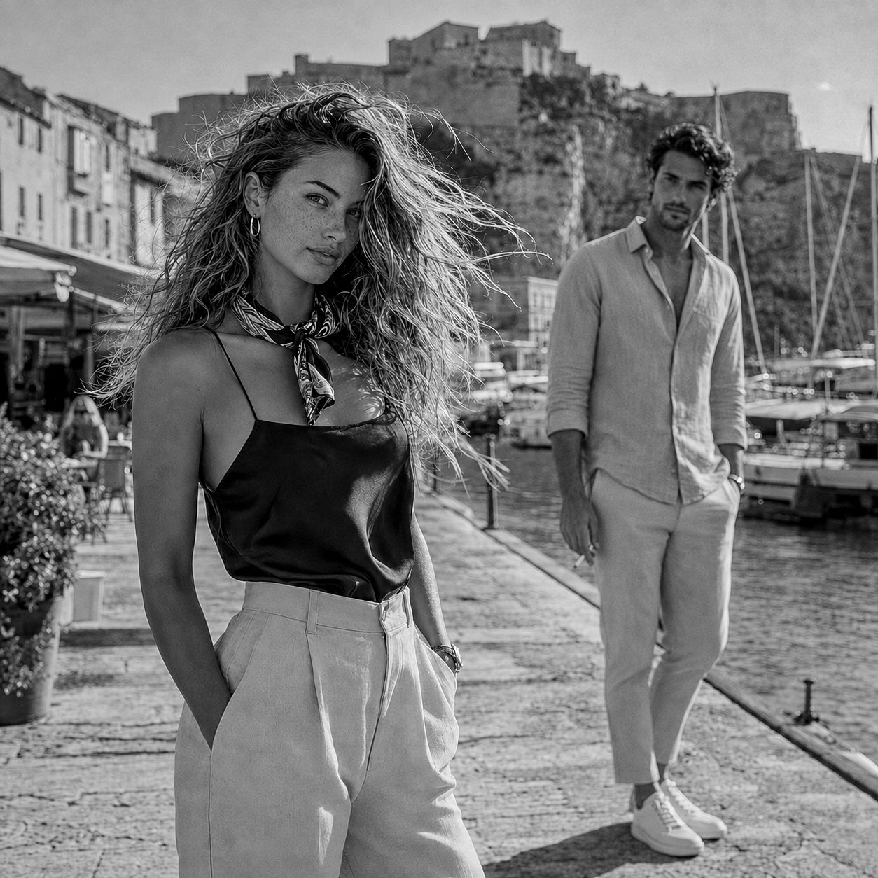 Stylish couple walking along a Mediterranean harbor with a historic fortress backdrop in black and white.