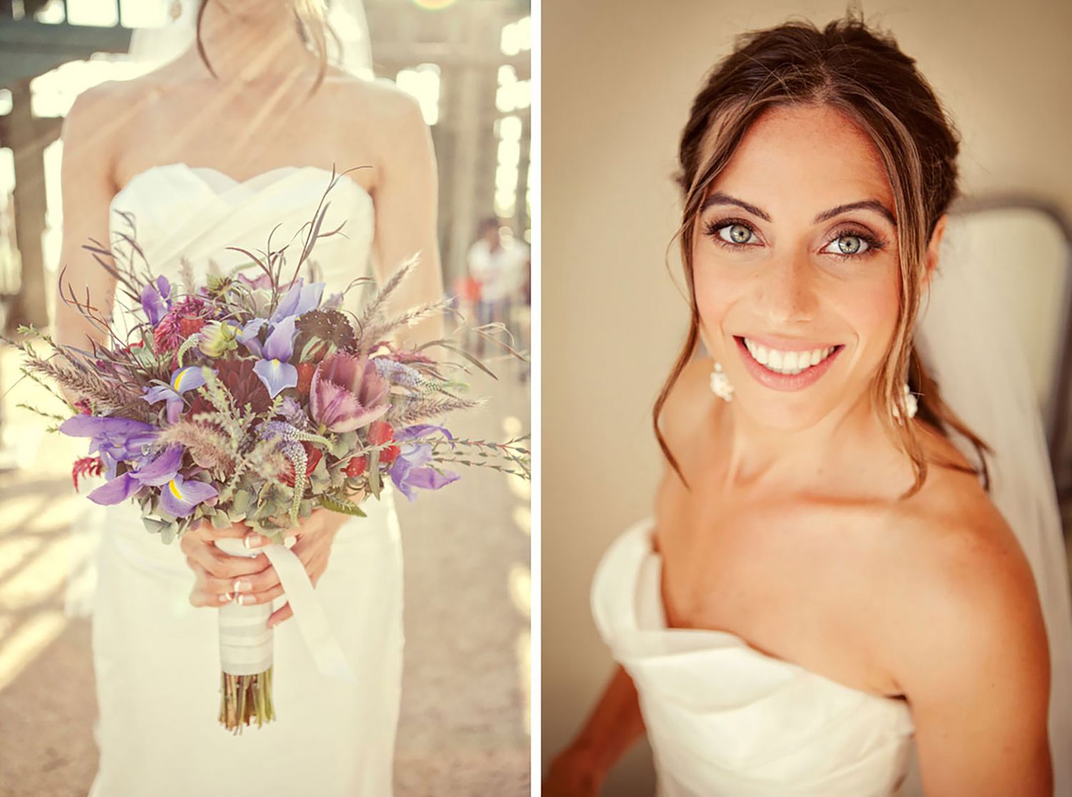 Bride in white strapless gown holding colorful wildflower bouquet, with close-up portrait showing elegant updo and blue eyes.